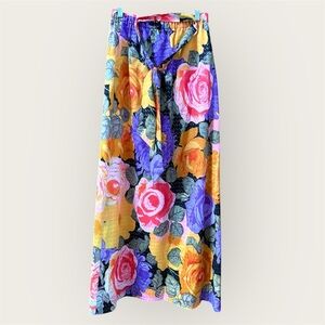 Vintage Floral 70s long Skirt pink purple and orange stretch with tie waist
